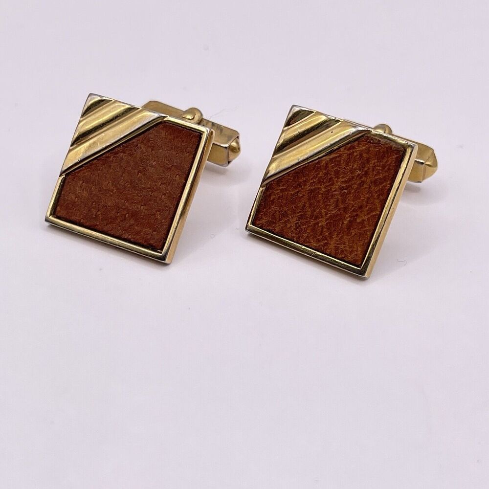 Vintage Swank Gold Tone Leather Cufflinks MCM Classic Modern 1" Inch Square
